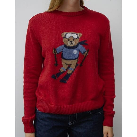 Women's XS Red Skiing Bear Cashmere & Wool Blend Sweater Holiday Xmas By Subdued - Picture 1 of 10